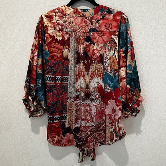 Chico’s Satin Oversized Blouse Top Sz 0 Us 4 Patchwork Artsy Bohemian Festival - Picture 5 of 7